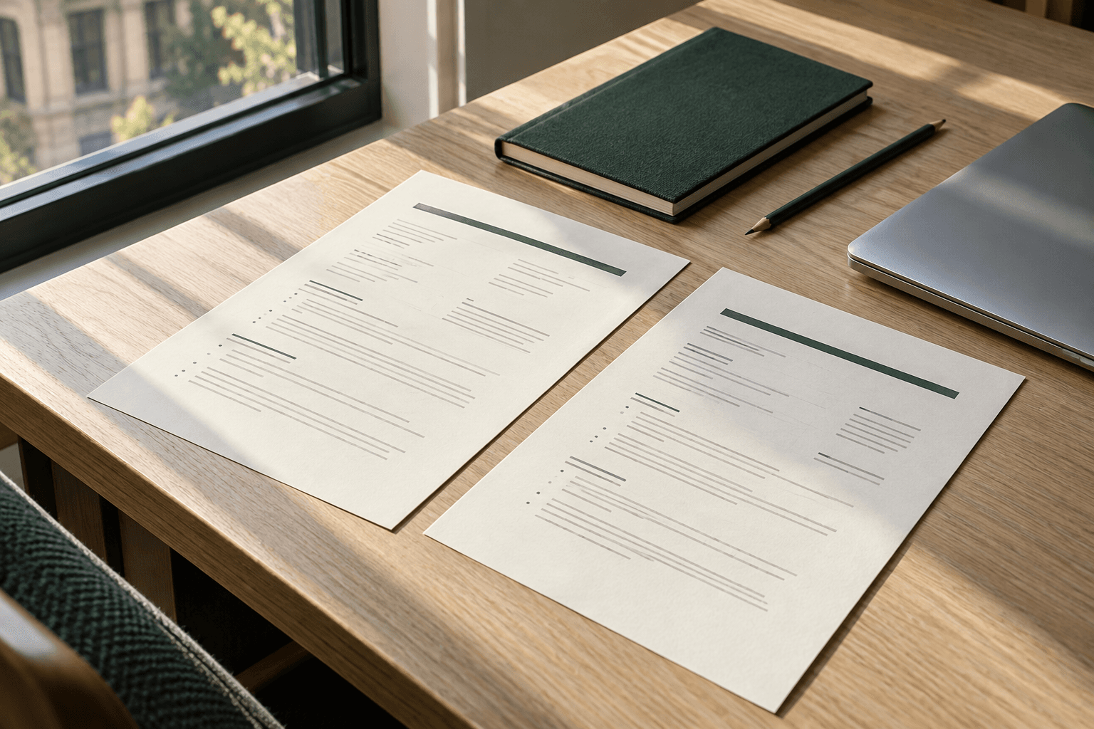 Illustrative admissions desk with CVs and a green notebook