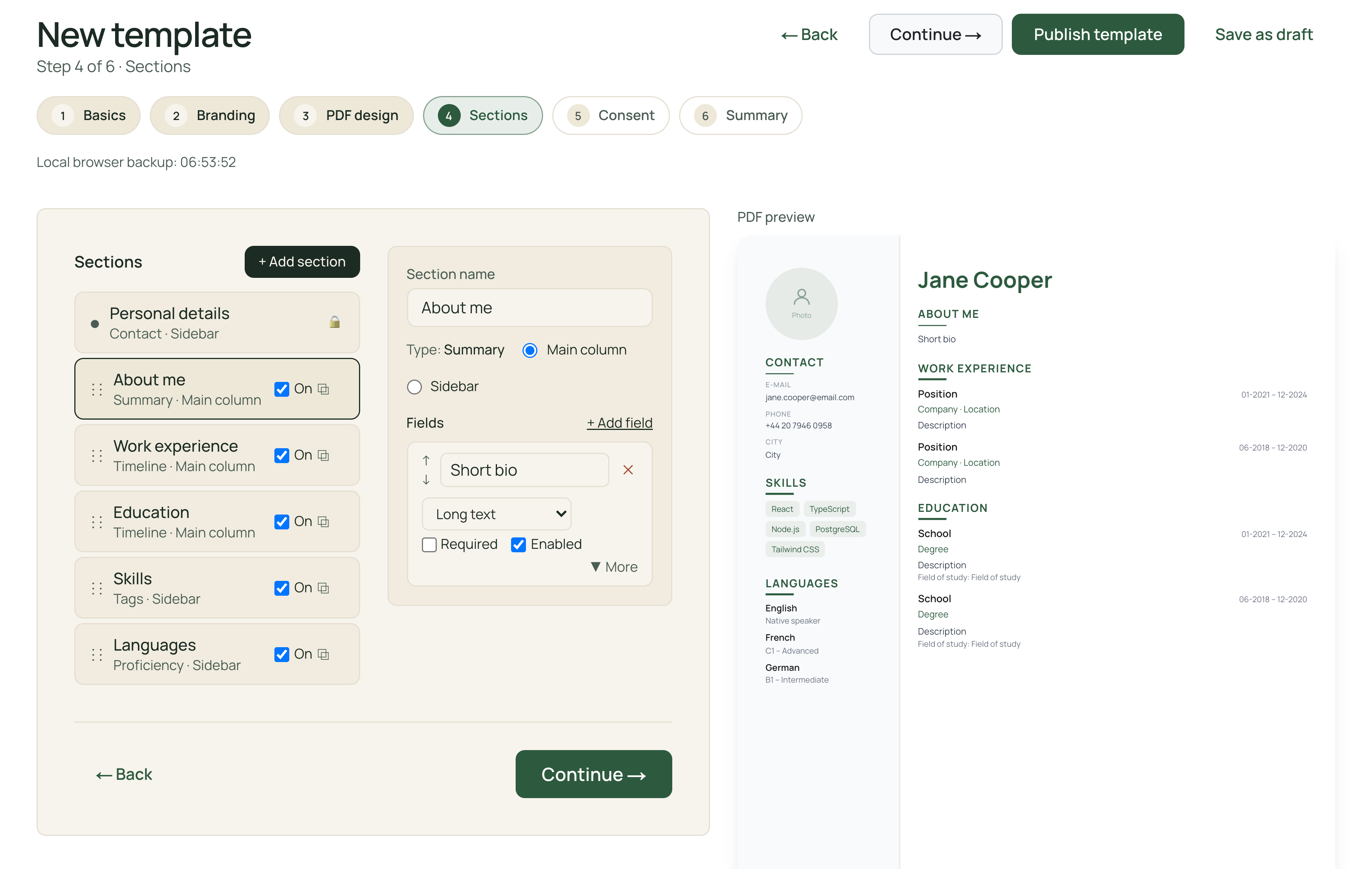 UniformCV template editor with sections, fields and an applicant CV preview